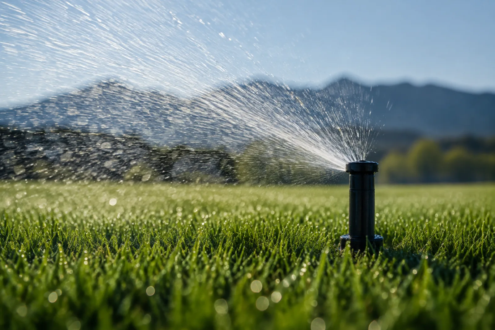 Pop-up lawn sprinkler spraying a wide fan of water across bright green grass at sunrise